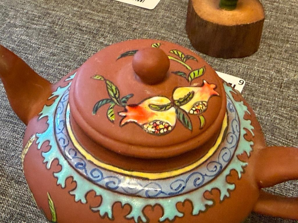 ANTIQUE CHINESE YIXING CLAY TEAPOT WITH ENAMELED BIRD AND FLORAL DESIGN - 3