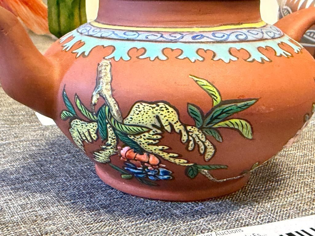 ANTIQUE CHINESE YIXING CLAY TEAPOT WITH ENAMELED BIRD AND FLORAL DESIGN - 4