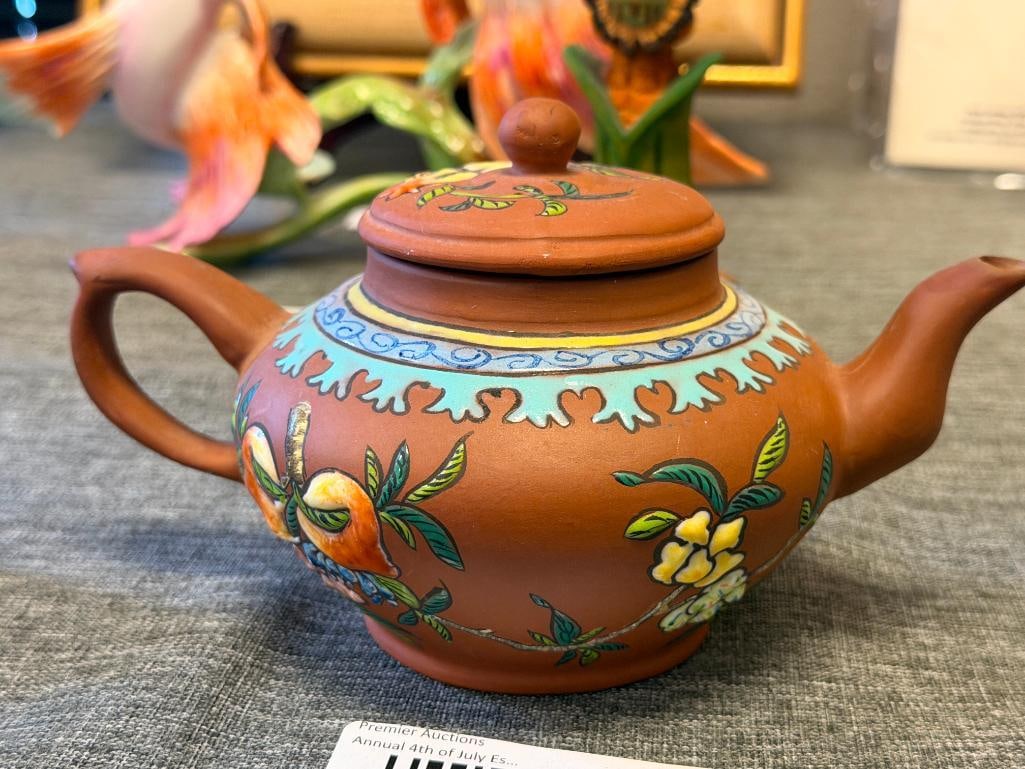 ANTIQUE CHINESE YIXING CLAY TEAPOT WITH ENAMELED BIRD AND FLORAL DESIGN - 5