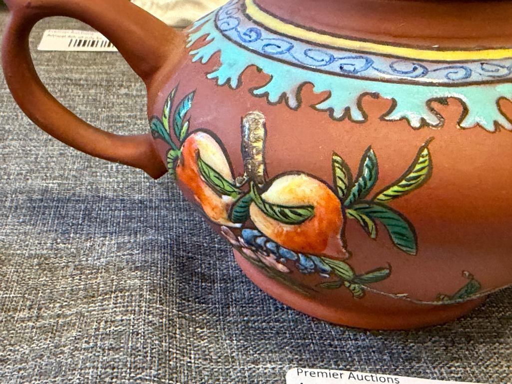 ANTIQUE CHINESE YIXING CLAY TEAPOT WITH ENAMELED BIRD AND FLORAL DESIGN - 6