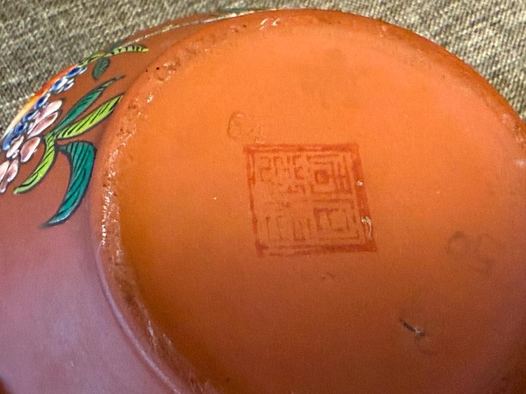 ANTIQUE CHINESE YIXING CLAY TEAPOT WITH ENAMELED BIRD AND FLORAL DESIGN - 9