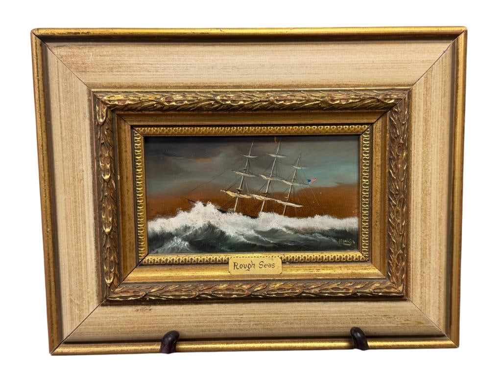 HENRY RAMIREZ ARGENTINIAN ARTIST ORIGINAL OIL ON COPPER PAINTING OF CLIPPER SHIP TITLED ROUGH SEAS (1 of 8)