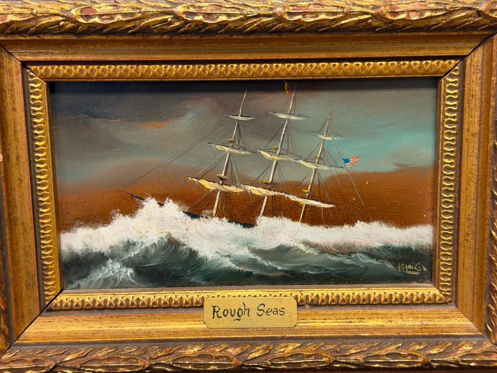 HENRY RAMIREZ ARGENTINIAN ARTIST ORIGINAL OIL ON COPPER PAINTING OF CLIPPER SHIP TITLED ROUGH SEAS - 2