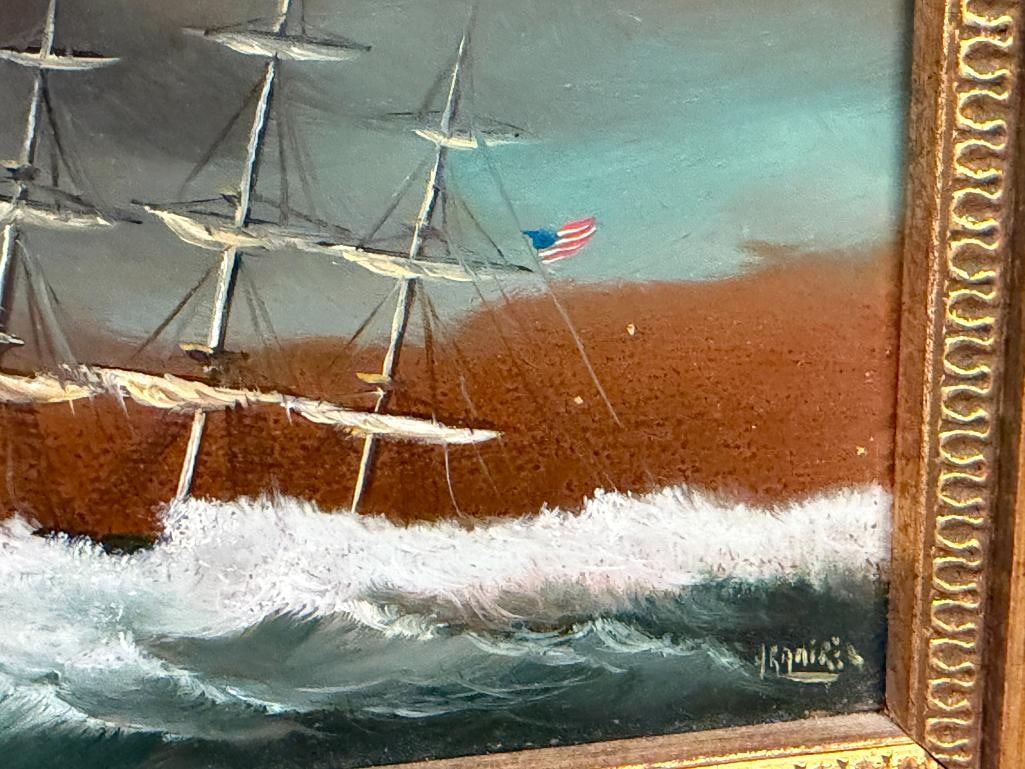 HENRY RAMIREZ ARGENTINIAN ARTIST ORIGINAL OIL ON COPPER PAINTING OF CLIPPER SHIP TITLED ROUGH SEAS - 4