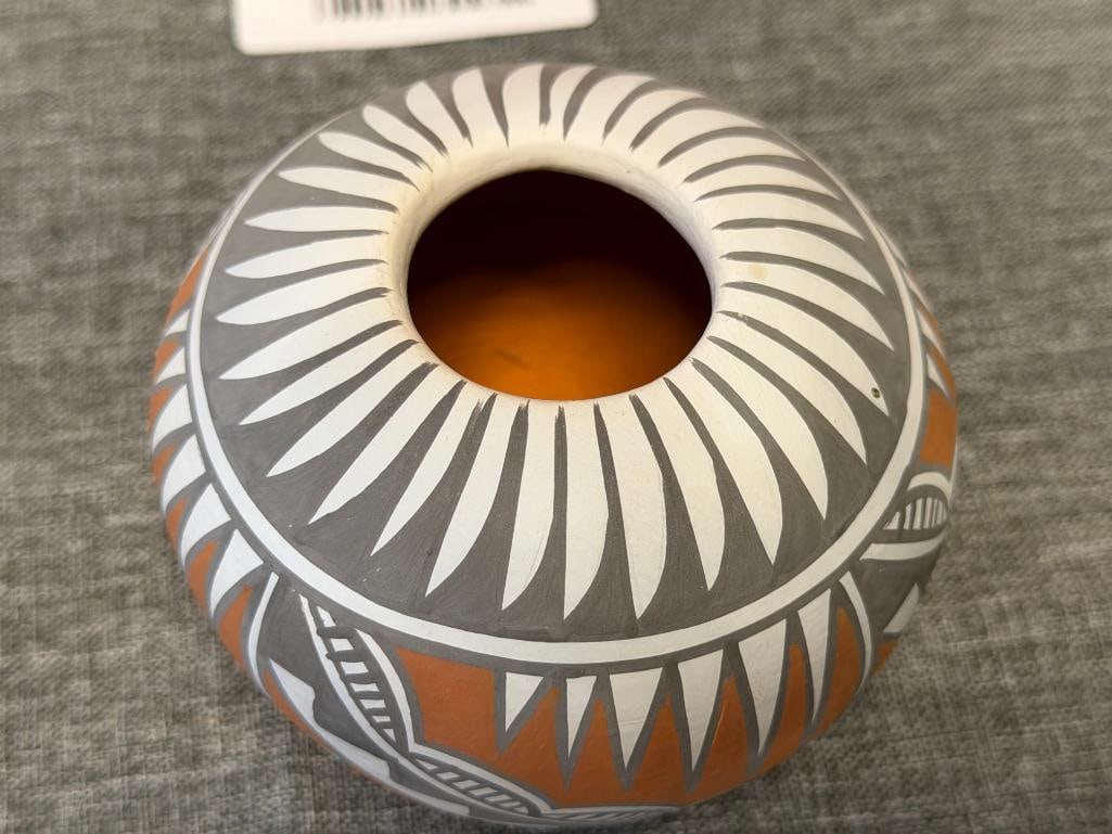 MARY SMALL JEMEZ PUEBLO POTTERY ARTIST HAND CRAFTED CLAY POT WITH FEATHER AND GEOMETRIC DESIGN - 3