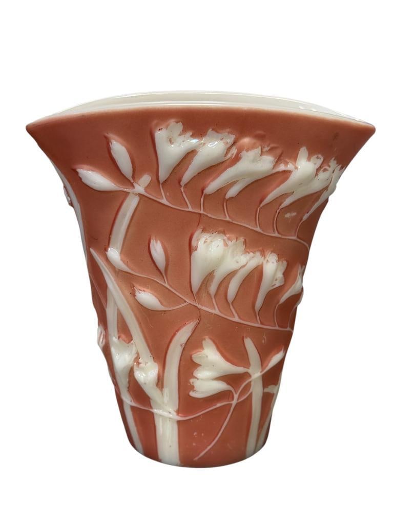 1930'S ART DECO PHOENIX / CONSOLIDATED GLASS COMPANY WHITE AND PINK TRUMPET SCULPTED VASE:  /TRUMPET FLORAL RELIEF VASE IN PINK AND WHITE, NO CRACKS OR CHIPS 8 1/2" H