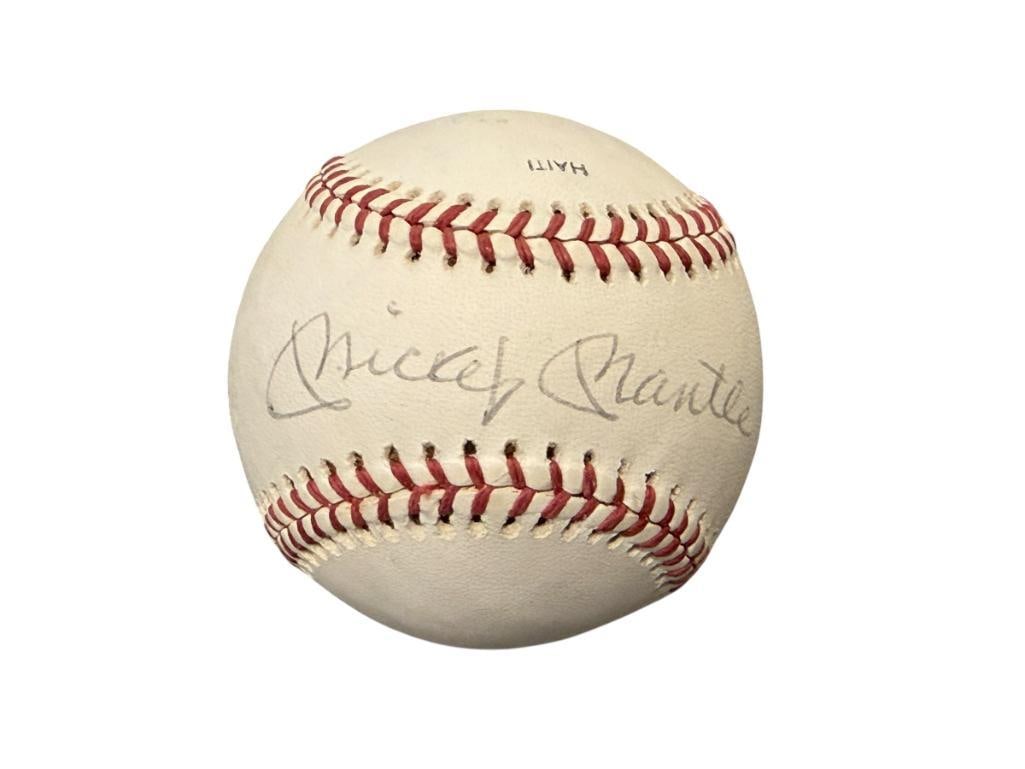 HALL OF FAMER MICKEY MANTLE AUTOGRAPHED BASEBALL AUTHENTICATED BY JSA WITH CERTIFICATE: MICKEY MANTLE (1931-1995) WAS A FAMOUS BASEBALL PLAYER KNOWN FOR PLAYING IN 12 WORLD SERIES, PLAYED FROM 1951-1968 WITH THE NEW YORK YANKEES, 20X ALL STAR, 7X WORLD SERIES CHAMPION, BALL IS SIGNED IN 