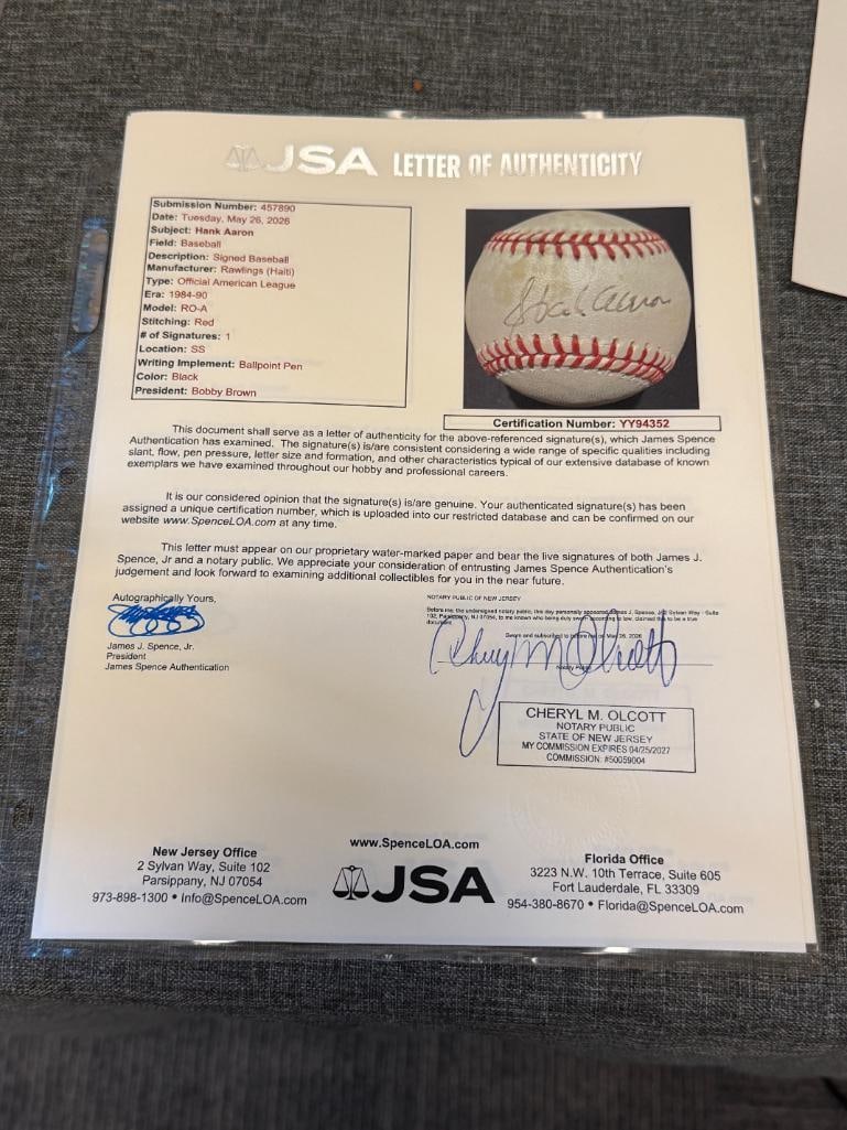 HALL OF FAMER HANK AARON AUTOGRAHED BASEBALL AUTHENTICATED BY JSA WITH CERTIFICATE - 6