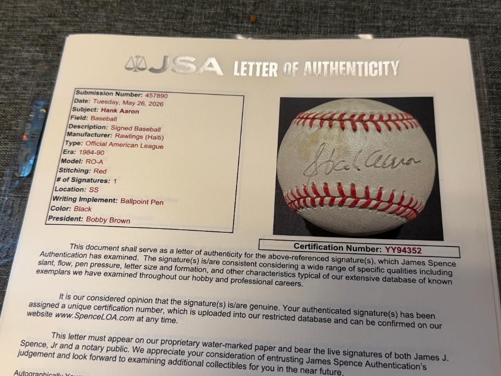 HALL OF FAMER HANK AARON AUTOGRAHED BASEBALL AUTHENTICATED BY JSA WITH CERTIFICATE - 7