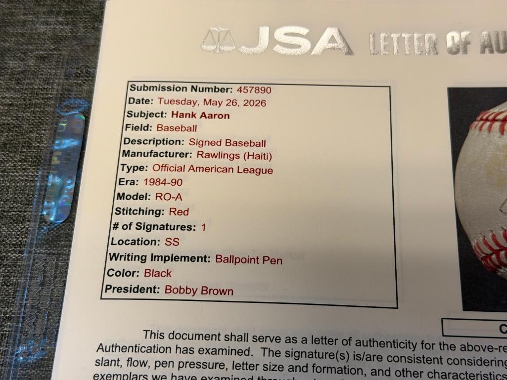 HALL OF FAMER HANK AARON AUTOGRAHED BASEBALL AUTHENTICATED BY JSA WITH CERTIFICATE - 8