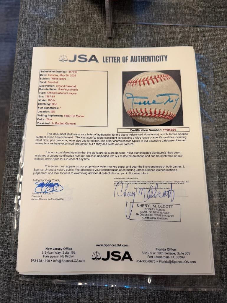 HALL OF FAMER WILLIE MAYS AUTOGRAPHED BASEBALL AUTHENTICATED BY JSA WITH CERTIFICATE - 7