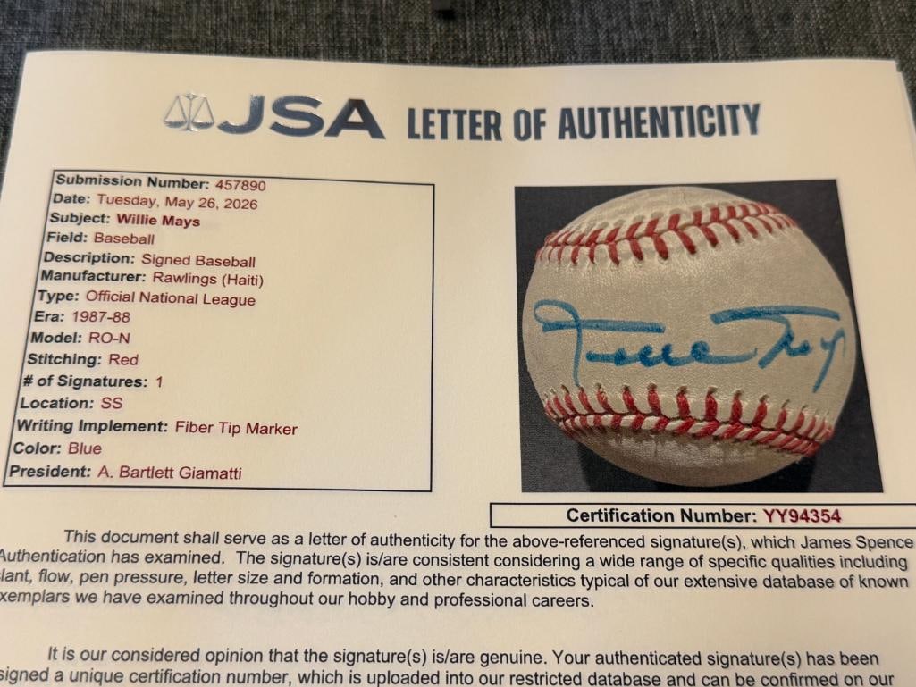 HALL OF FAMER WILLIE MAYS AUTOGRAPHED BASEBALL AUTHENTICATED BY JSA WITH CERTIFICATE - 8