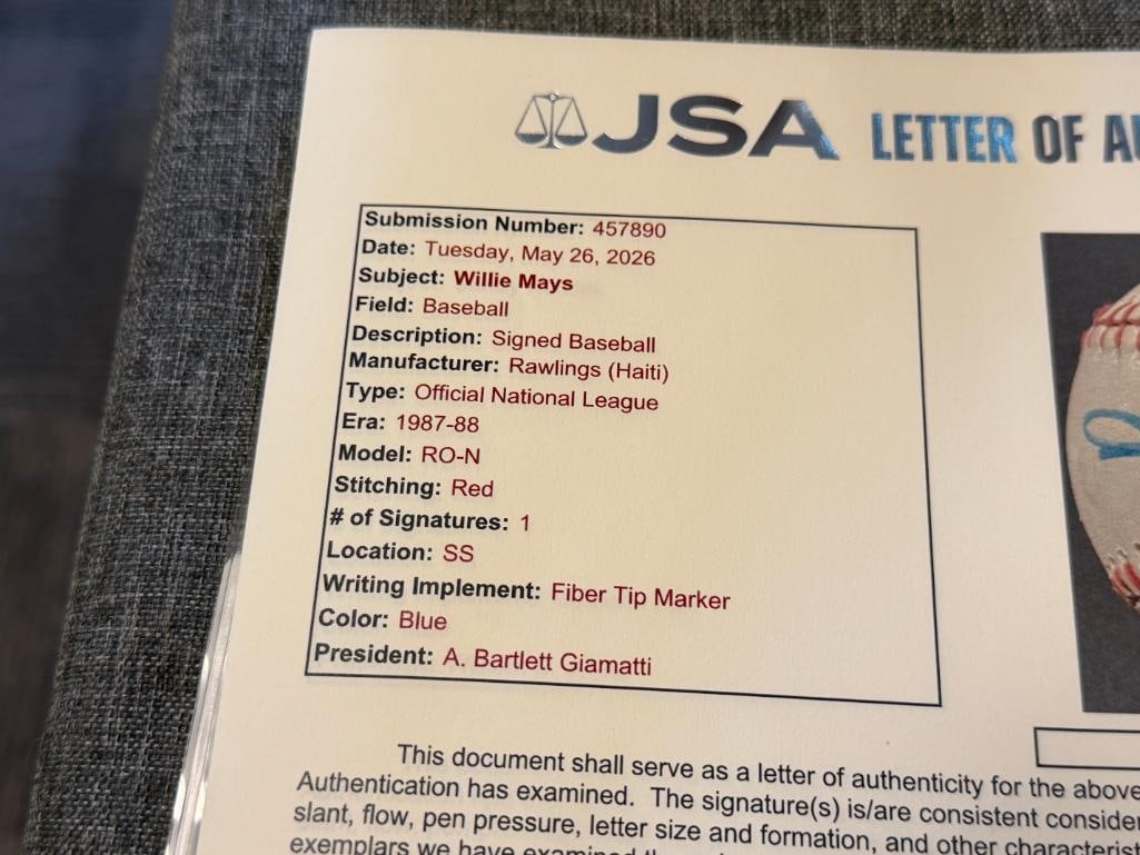 HALL OF FAMER WILLIE MAYS AUTOGRAPHED BASEBALL AUTHENTICATED BY JSA WITH CERTIFICATE - 9