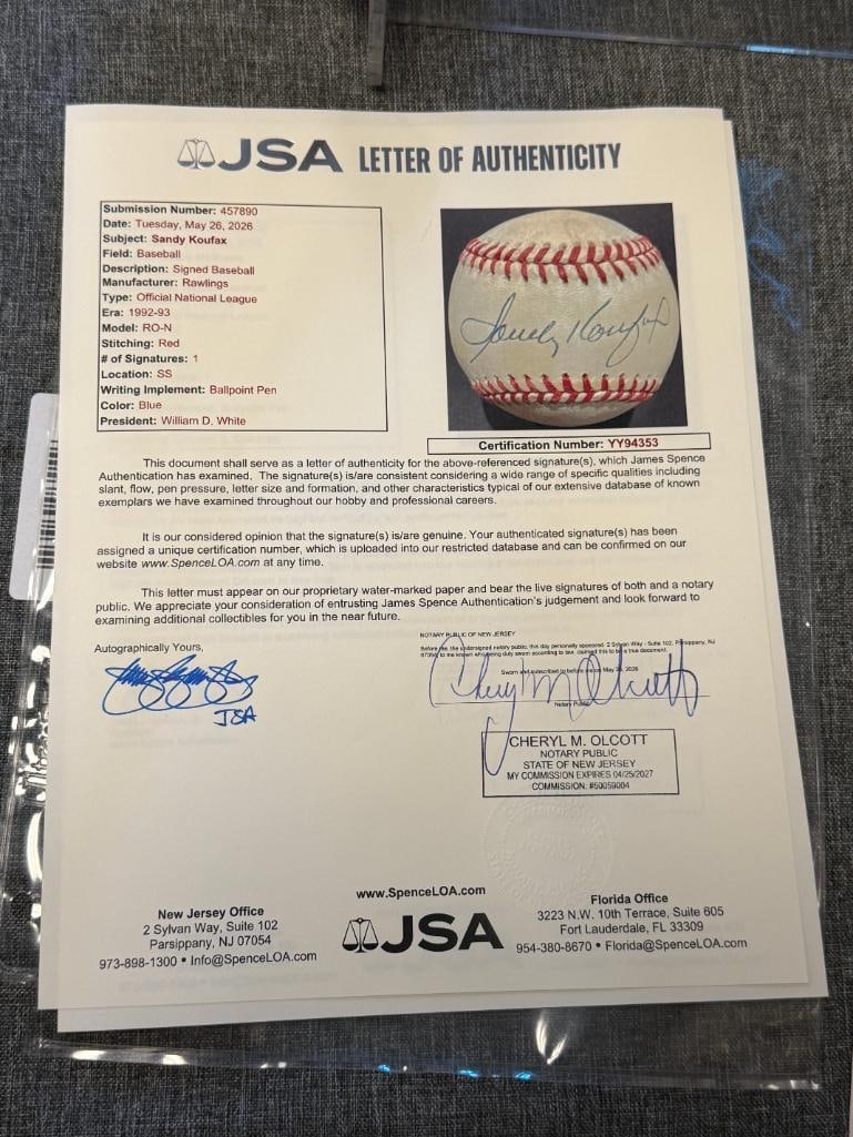 HALL OF FAMER SANDY KOUFAX AUTOGRAPHED BASEBALL AUTHENTICATED BY JSA WITH CERTIFICATE - 7