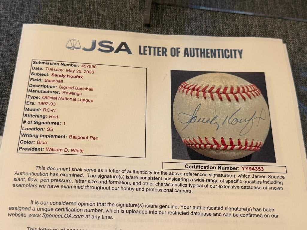 HALL OF FAMER SANDY KOUFAX AUTOGRAPHED BASEBALL AUTHENTICATED BY JSA WITH CERTIFICATE - 8