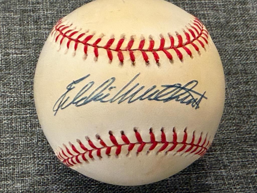 HALL OF FAMER EDDIE MATTHEWS AUTOGRAPHED BASEBALL AUTHENTICATED BY JSA WITH CERTIFICATE - 2