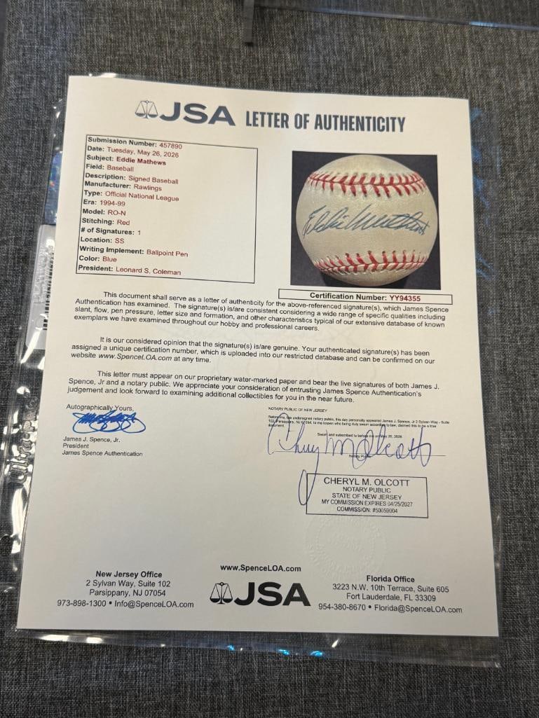 HALL OF FAMER EDDIE MATTHEWS AUTOGRAPHED BASEBALL AUTHENTICATED BY JSA WITH CERTIFICATE - 7