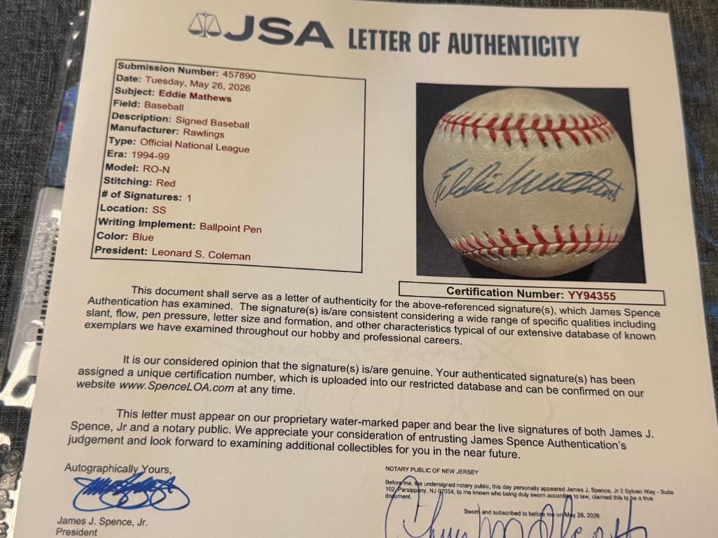 HALL OF FAMER EDDIE MATTHEWS AUTOGRAPHED BASEBALL AUTHENTICATED BY JSA WITH CERTIFICATE - 8