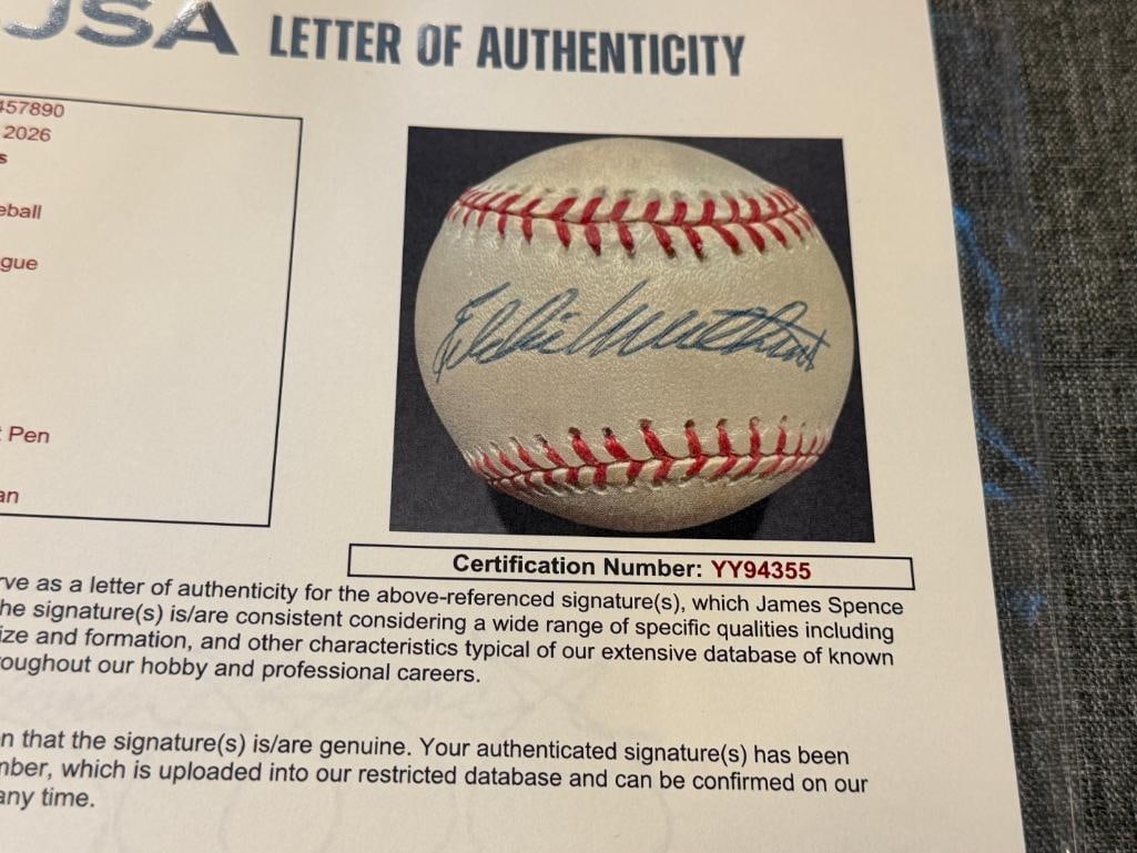 HALL OF FAMER EDDIE MATTHEWS AUTOGRAPHED BASEBALL AUTHENTICATED BY JSA WITH CERTIFICATE - 9