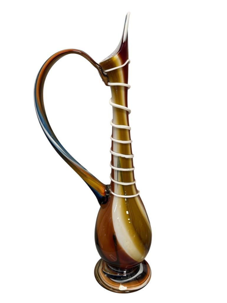 TALL HAND BLOWN ART GLASS FOOTED DECORATIVE PITCHER WITH APPLIED SWIRL DESIGN (1 of 10)