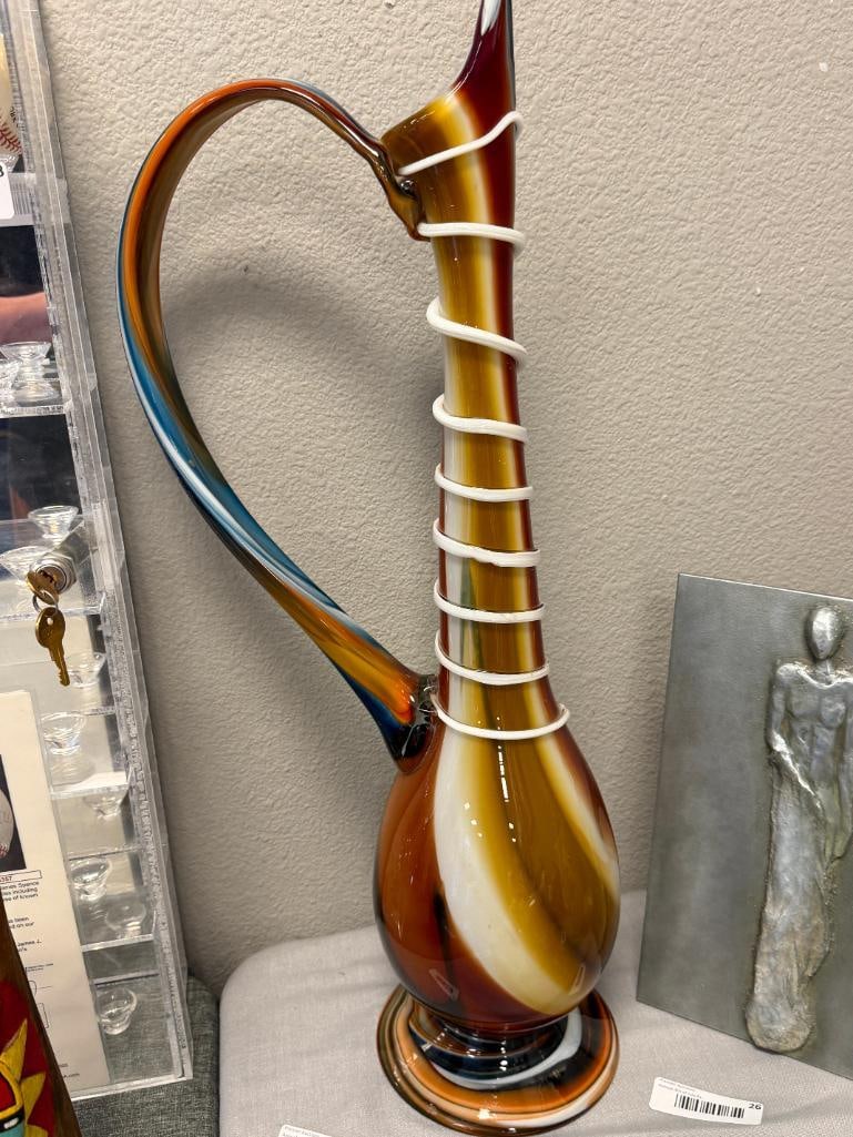 TALL HAND BLOWN ART GLASS FOOTED DECORATIVE PITCHER WITH APPLIED SWIRL DESIGN - 2