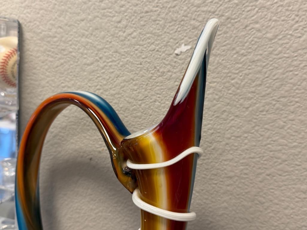 TALL HAND BLOWN ART GLASS FOOTED DECORATIVE PITCHER WITH APPLIED SWIRL DESIGN - 3