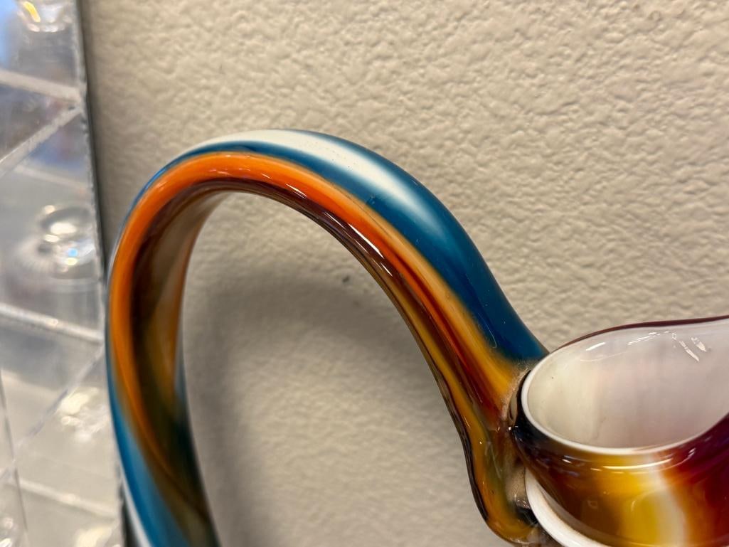 TALL HAND BLOWN ART GLASS FOOTED DECORATIVE PITCHER WITH APPLIED SWIRL DESIGN - 4