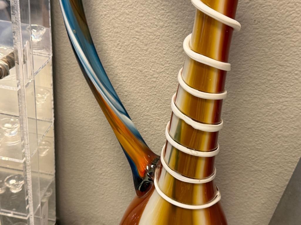 TALL HAND BLOWN ART GLASS FOOTED DECORATIVE PITCHER WITH APPLIED SWIRL DESIGN - 5