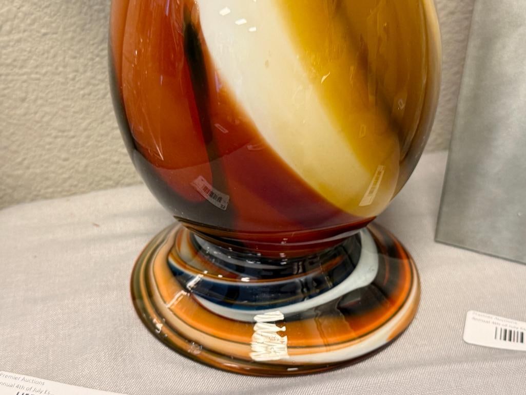 TALL HAND BLOWN ART GLASS FOOTED DECORATIVE PITCHER WITH APPLIED SWIRL DESIGN - 6