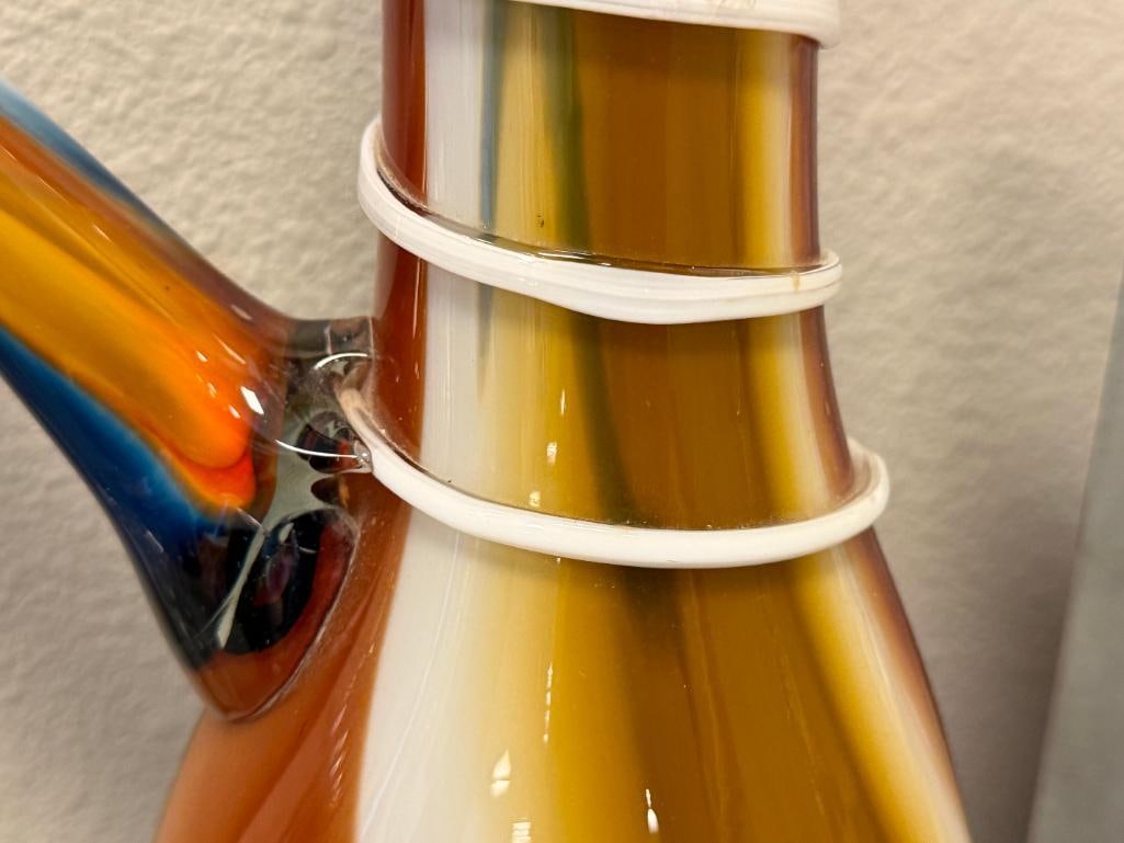 TALL HAND BLOWN ART GLASS FOOTED DECORATIVE PITCHER WITH APPLIED SWIRL DESIGN - 7