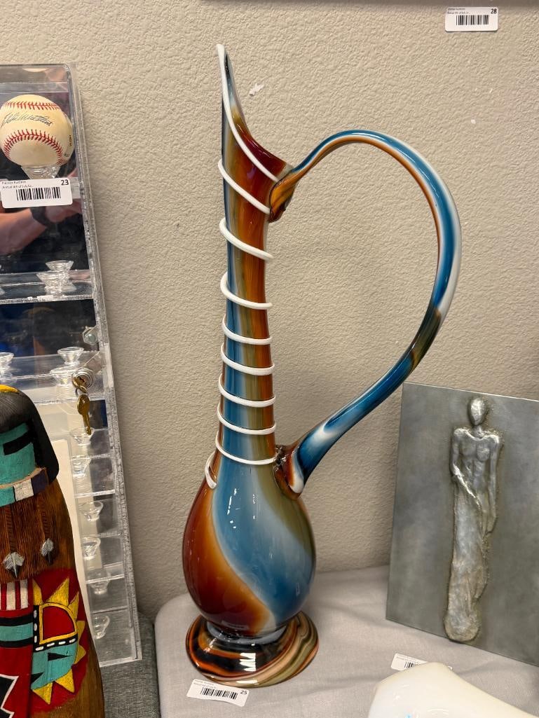 TALL HAND BLOWN ART GLASS FOOTED DECORATIVE PITCHER WITH APPLIED SWIRL DESIGN - 8