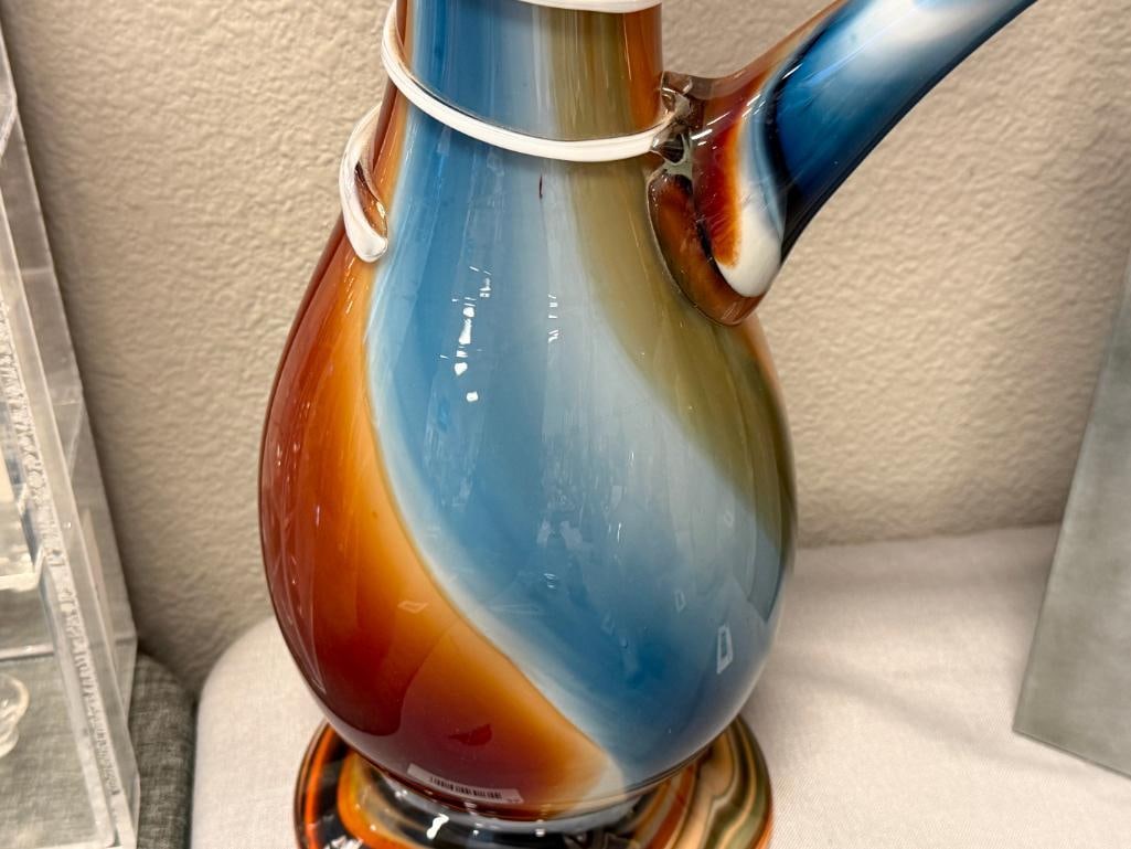 TALL HAND BLOWN ART GLASS FOOTED DECORATIVE PITCHER WITH APPLIED SWIRL DESIGN - 9