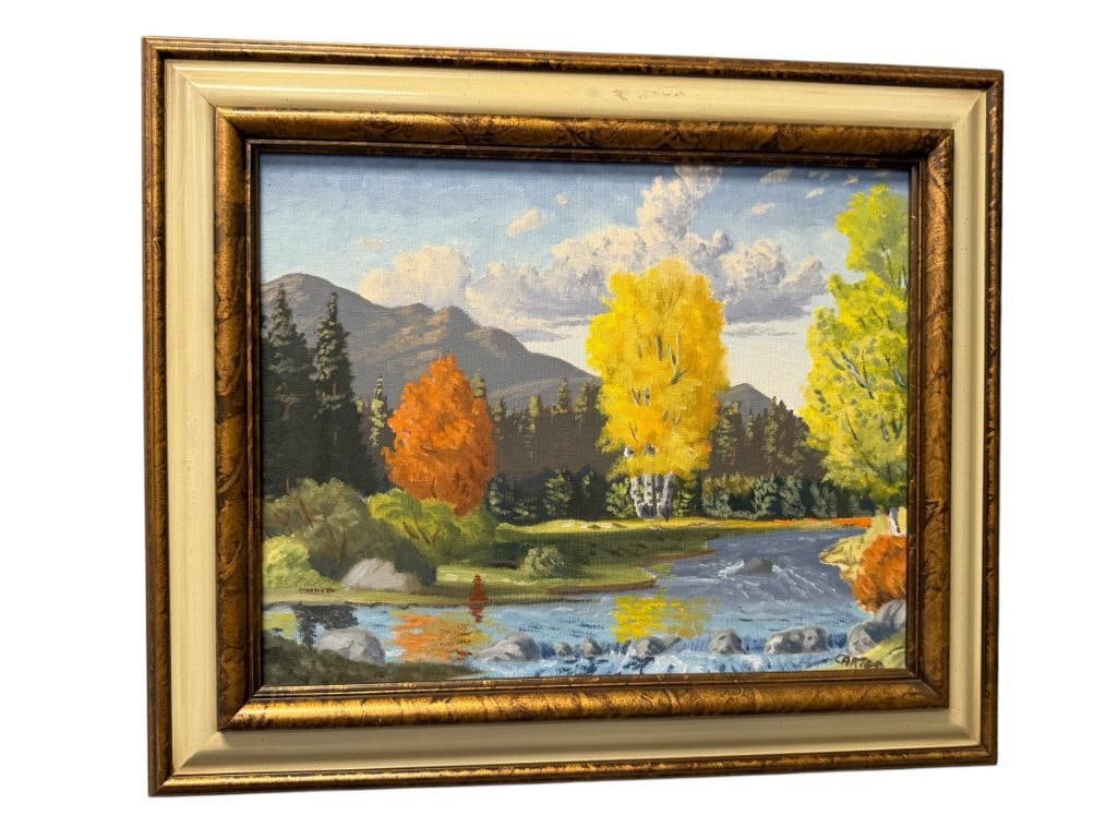 GEORGE CARTER PROLIFIC RENO, NV ARTIST ORIGINAL PAINTING ON CANVAS NEVDA LANDSCAPE: GEORGE CARTER WAS A NEVADA ARTIST WHO WAS NOTORIOUS FOR SETTLING BAR TABS WITH PAINTINGS, GEORGE CARTER WAS ALSO KNOWN FOR HIS NEVADA LANDSCAPES, ART DEPICTS NEVADA LANDSCAPE WITH STREAM AND PINE TREE