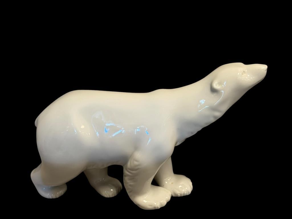 LARGE ROYAL DUX CZECH PORCELAIN FIGURINE CIRCA 1940'S: WHITE GLAZED PORCELAIN POLAR BEAR FIGURE, MARKED ON THE BOTTOM, NO DAMAGE OR REPAIRS, MADE IN CZECHOSLOVAKIA 11 1/2" L