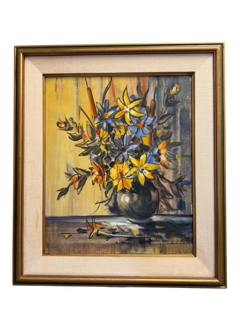LYLE V. BALL PROLIFIC RENO, NV ARTIST RARE ORIGINAL OIL ON CANVAS PAINTING FLORAL NO. 1027: LYLE V. BALL (1909-1992) WAS KNOWN FOR HIS ARCHITECTURAL PAINTINGS, ART DEPICTS FLORAL STILL-LIFE, SIGNED LOWER RIGHT, TITLE ON THE BACK, FRAMED 28" X 32" FRAME