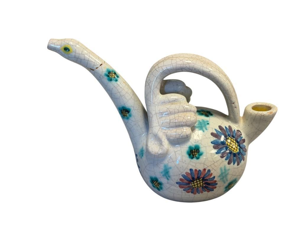 VINTAGE HAND MADE ITALIAN POTTERY BIRD FIGUAL CARAFE OR PITCHER HAND PAINTED FLORAL DESIGN: CRACKLE FINISHED GLAZE WITH FLORAL DESIGN, SIGNED ON THE BOTTOM, NECK / SPOUT HAS BEEN PREVIOUSLY REPAIRED 8" L