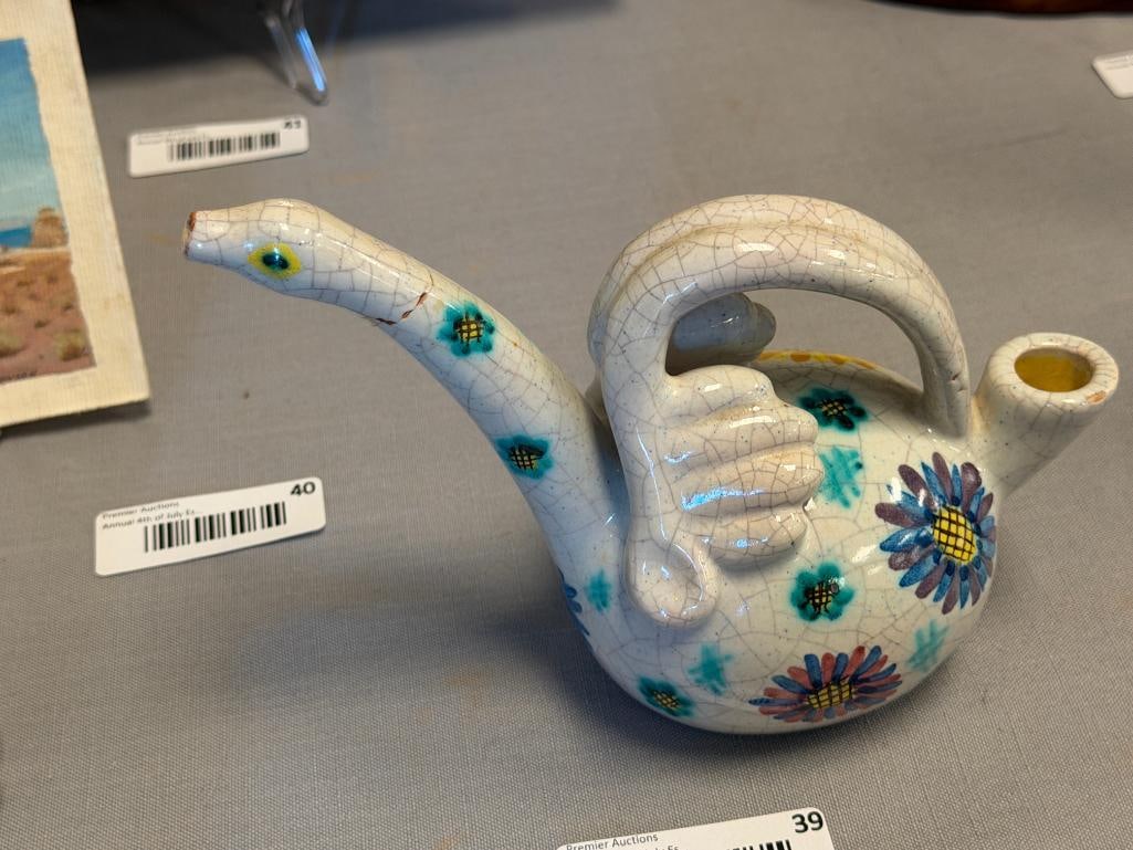 VINTAGE HAND MADE ITALIAN POTTERY BIRD FIGUAL CARAFE OR PITCHER HAND PAINTED FLORAL DESIGN - 2