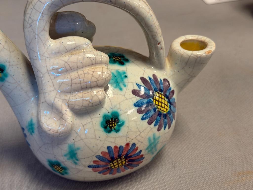 VINTAGE HAND MADE ITALIAN POTTERY BIRD FIGUAL CARAFE OR PITCHER HAND PAINTED FLORAL DESIGN - 4
