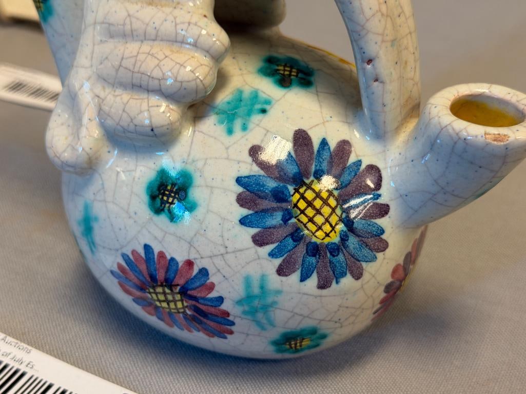 VINTAGE HAND MADE ITALIAN POTTERY BIRD FIGUAL CARAFE OR PITCHER HAND PAINTED FLORAL DESIGN - 5