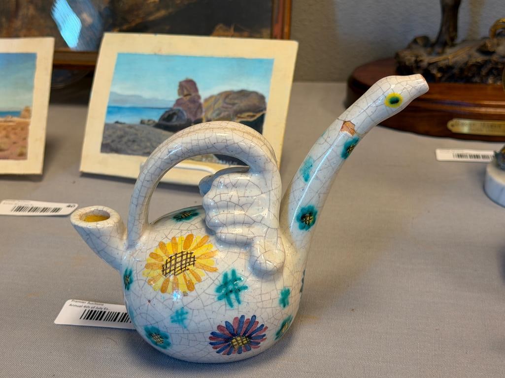VINTAGE HAND MADE ITALIAN POTTERY BIRD FIGUAL CARAFE OR PITCHER HAND PAINTED FLORAL DESIGN - 6