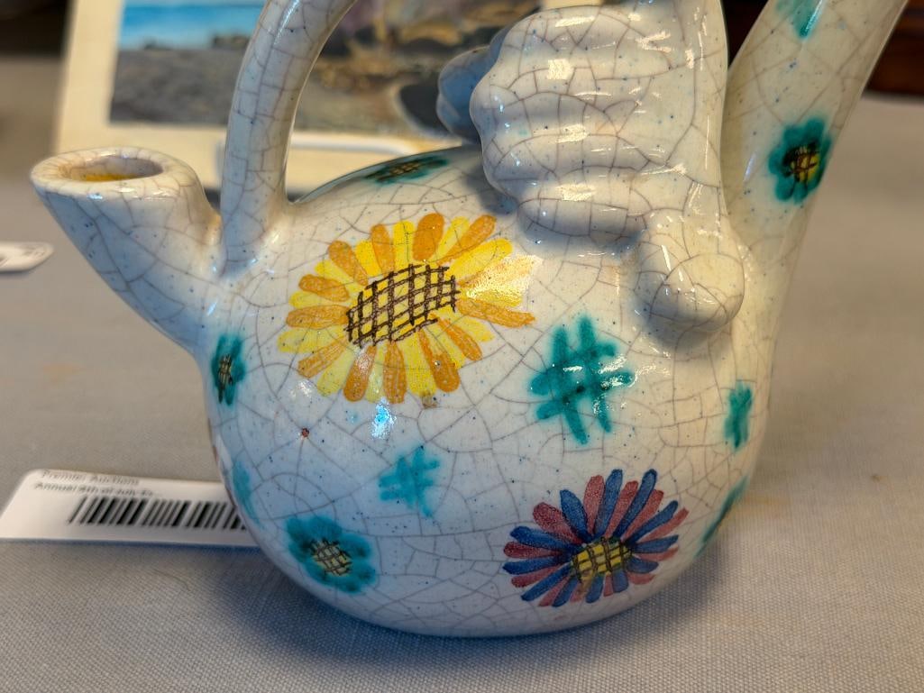VINTAGE HAND MADE ITALIAN POTTERY BIRD FIGUAL CARAFE OR PITCHER HAND PAINTED FLORAL DESIGN - 7