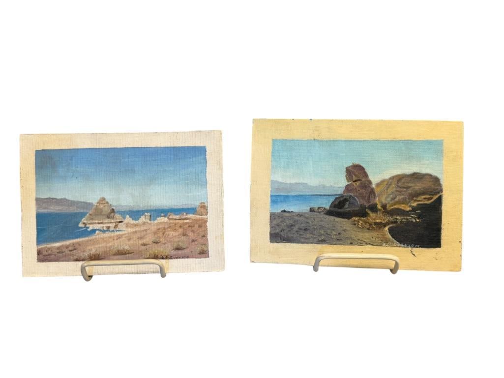 E.F. IVERSON NEVADA ARTIST ORIGINAL PAINTINGS ON CANVAS BOARD OF TUFA FORMATION IN PYRAMID LAKE: TWO MINIATURE PAINTINGS DONE ON CANVAS BOARD OF TUFA FORMATIONS IN PYRAMID LAKE, BOTH SIGNED LOWER RIGHT, UNFRAMED 7" X 5" AND 7 1/2" X 5"