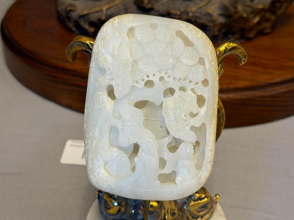 CARVED WHITE JADE 3D RETICULATED CHERRY BLOSSOM TREE AND SCHOLARS WITH BRASS AND STONE DOLPHIN ST... - 2
