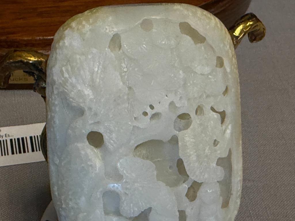 CARVED WHITE JADE 3D RETICULATED CHERRY BLOSSOM TREE AND SCHOLARS WITH BRASS AND STONE DOLPHIN ST... - 3