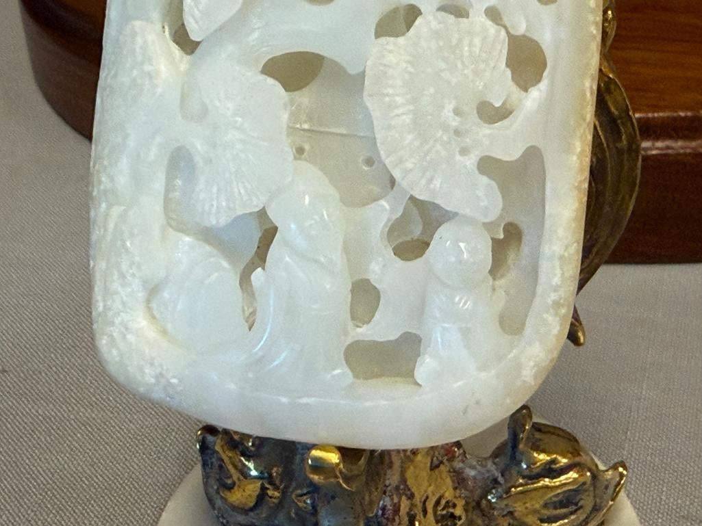 CARVED WHITE JADE 3D RETICULATED CHERRY BLOSSOM TREE AND SCHOLARS WITH BRASS AND STONE DOLPHIN ST... - 4