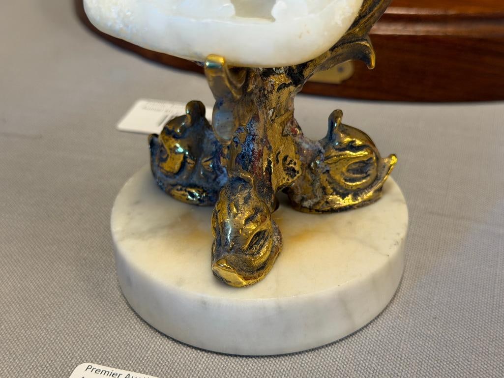 CARVED WHITE JADE 3D RETICULATED CHERRY BLOSSOM TREE AND SCHOLARS WITH BRASS AND STONE DOLPHIN ST... - 5
