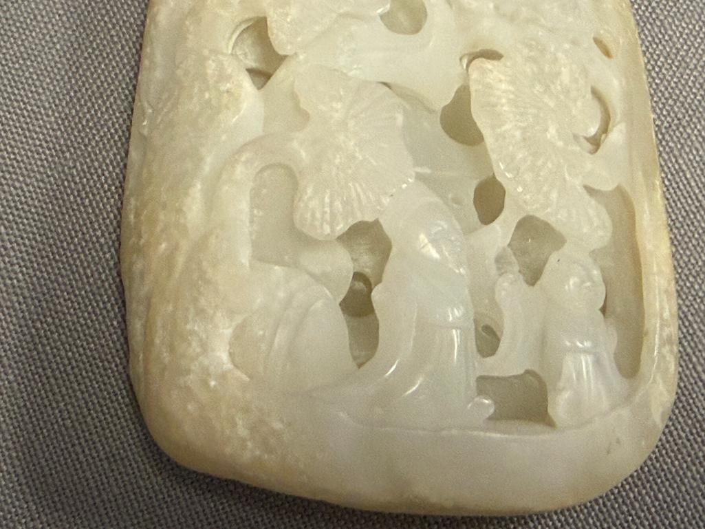 CARVED WHITE JADE 3D RETICULATED CHERRY BLOSSOM TREE AND SCHOLARS WITH BRASS AND STONE DOLPHIN ST... - 7