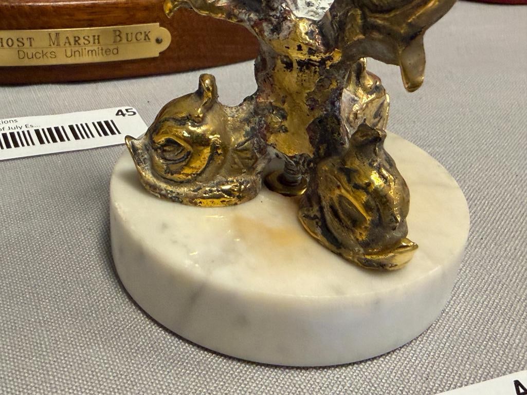 CARVED WHITE JADE 3D RETICULATED CHERRY BLOSSOM TREE AND SCHOLARS WITH BRASS AND STONE DOLPHIN ST... - 8