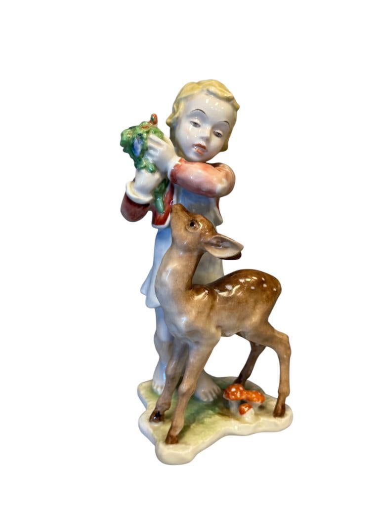 1930'S ROSENTHAL HAND PAINTED PORCELAIN FIGURINE GIRL FEEDING FAWN DESIGNED BY LORE FRIEDRICH GRO...: FIGURE IS HAND PAINTED DEPICTS YOUNG GIRL FEEDING FAWN A LETTUCE HEAD, MARKED ON THE BOTTOM, MADE IN GERMANY, NO DAMAGE OR REPAIRS 6 3/4" H