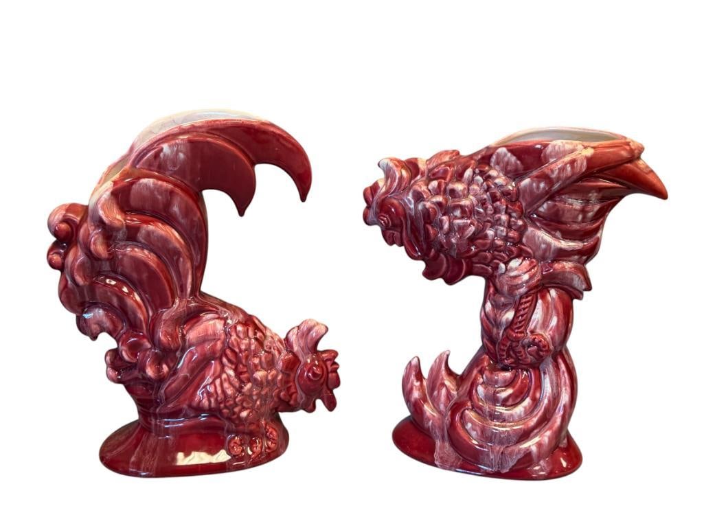 ROYAL HAEGER MID-CENTURY POTTERY ROOSTER RED / OXBLOOD GLAZED VASES R790 / R791: BOTH ARE MARKED ON THE BOTTOM, MADE IN THE USA, NO CHIPS OR CRACKS 11" AND 11 1/2" H